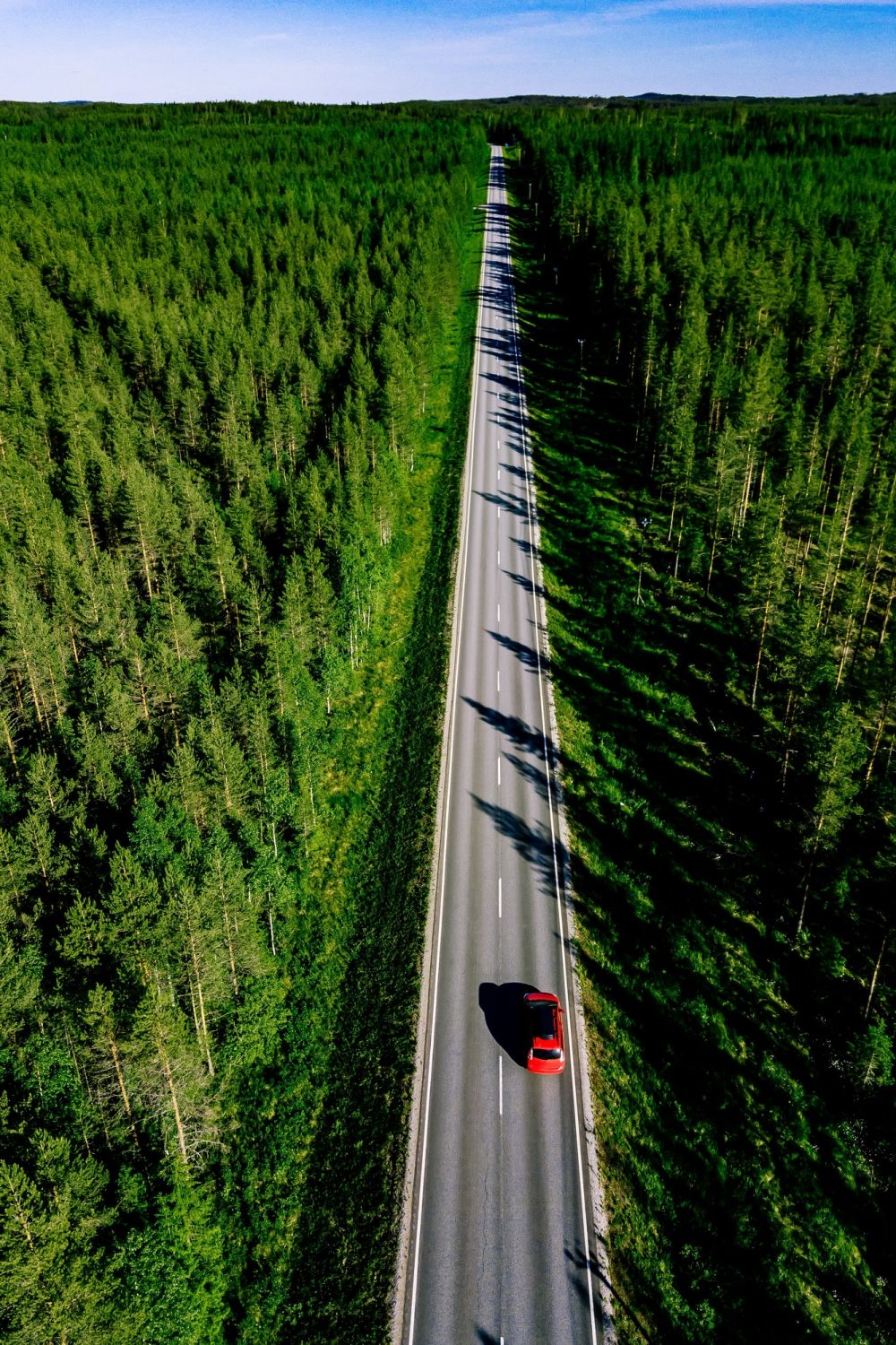 Aerial view of a country road with red car in the middle of green summer forest Aerial view of a country road with red car in the middle of green summer forest